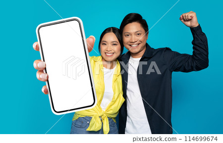Cheerful young asian couple standing together holding cell phone in front of them. They both appear engaged with the device, possibly taking a selfie or video chatting. The background is indistinct. Cheerful young asian couple standing together holding cell phone in front of them. They both appear engaged with the device, possibly taking a selfie or video chatting. The background is indistinct. 114699674