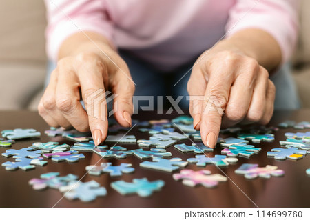 Senior woman hands doing jigsaw puzzle at home, panorama, close up Senior woman hands doing jigsaw puzzle at home, panorama, close up 114699780