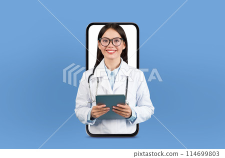 A young lady physician offers remote consultation, visible on a smartphone screen, surrounded by soft lighting and medical charts. 114699803