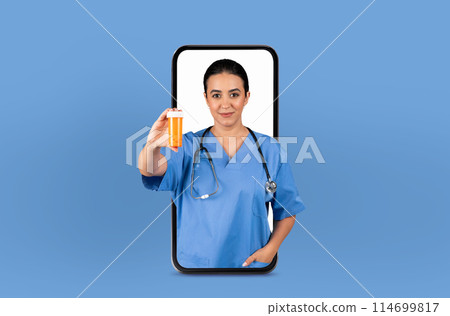 Young brunette woman doctor appears inside a smartphone for online consultations, exemplifying modern medicine, showing medicine 114699817