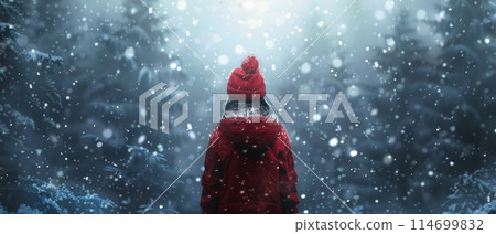 Person in Red Coat and Red Hat Standing in Snow 114699832