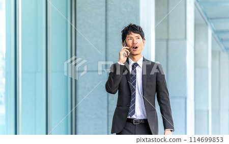 Male businessman walking while talking on smartphone 114699853