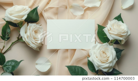 White Roses and Blank Card on Beige Background 114700003