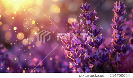 Lavender flowers swaying in the wind during sunset 114700004