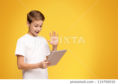 A young boy holding a laptop with one hand while making a hand gesture, possibly signaling excitement or sharing information. 114700016