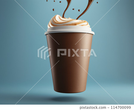 Mockup of an aromatic takeaway glass of coffee with foam floating in the air 114700099