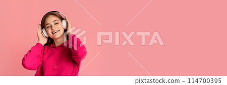 Relax and music. Teen girl in wireless headphones enjoying favorite song, close up, studio shot, copy space Relax and music. Teen girl in wireless headphones enjoying favorite song, close up, studio shot, copy space 114700395