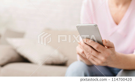 Senior activity and retirement. Mature woman using modern smartphone at home, empty space Senior activity and retirement. Mature woman using modern smartphone at home, empty space 114700420