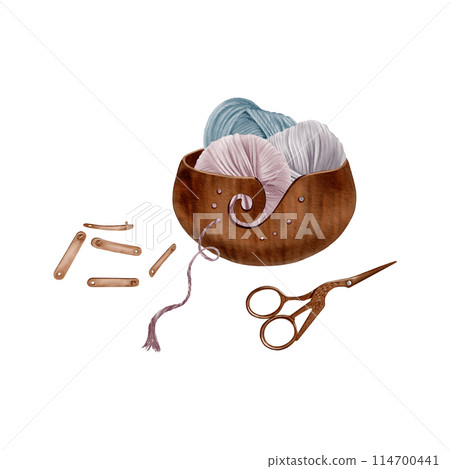 Wooden knitting bowl with holes with skeins of yarn in it with a loose end of yarn,crane-shaped scissors, leather tags.Watercolor clipart for knitting websites,template,banners,cards,posters 114700441