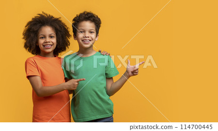 A cheerful African American young boy and girl are standing close together against a vivid yellow backdrop, pointing at copy space 114700445