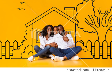 Cute African American family father mother and daughter sitting over drawn on yellow wall house, embracing and smiling. Real estate, mortgage concept Cute African American family father mother and daughter sitting over drawn on yellow wall house, embracing and smiling. Real estate, mortgage concept 114700506