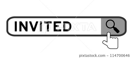 Search banner in word invited with hand over magnifier icon on white background 114700646