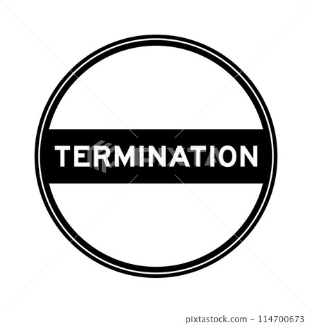 Black color round seal sticker in word termination on white background Black color round seal sticker in word termination on white background 114700673