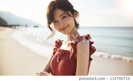 Young woman standing on the beach Young woman standing on the beach 114700710