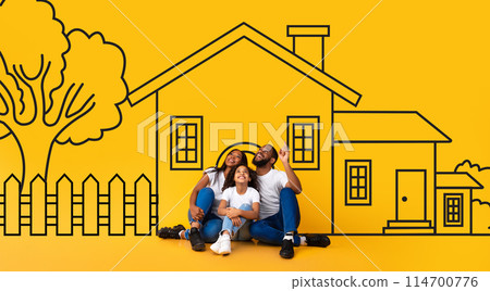 Dreaming African American family father mother and child sitting on floor over drawn on yellow wall house. Mortgage, real estate concept 114700776