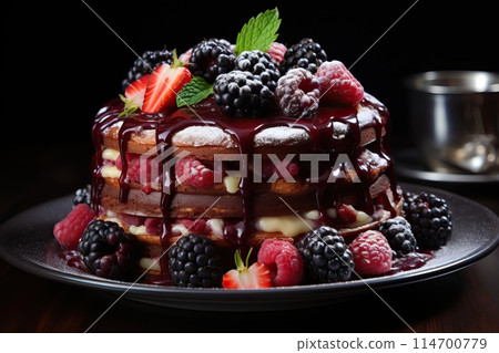 A piece of chocolate sponge cake with white cream and berries. A piece of chocolate sponge cake with white cream and berries. 114700779