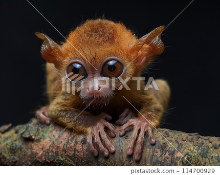 Captivating tarsier monkey clings to a tree branch, showcasing its large, expressive eyes and distinctive furry appearance against a dark backdrop 114700929