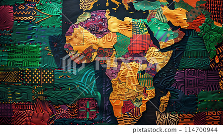 Artistic representation of africa, featuring a colorful patchwork of traditional patterns against a textured background, embodying the continent's rich cultural tapestry 114700944