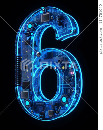 Intricately overlaid on a detailed electronic circuit board background, a vibrant blue neon light forms the number six 114701040