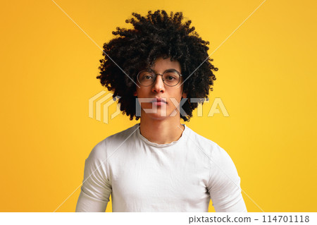 Serious young african american bushy man portrait on orange background, copy space Serious young african american bushy man portrait on orange background, copy space 114701118