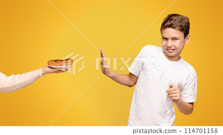 A young boy with a disgusted expression declining a hotdog from an outstretched hand. A young boy with a disgusted expression declining a hotdog from an outstretched hand. 114701158