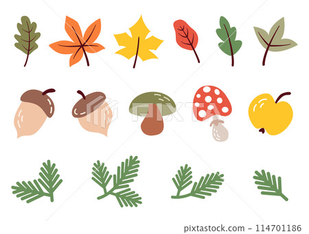 Autumn design elements, icons. Set of autumn object in cartoon flat style. Foliage, acorn, mushroom, fly agaric, fir branch. Vector illustration 114701186