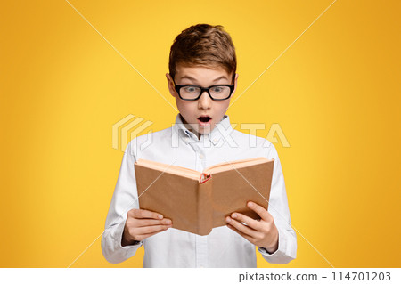 A young boy with glasses engrossed in reading a book. 114701203