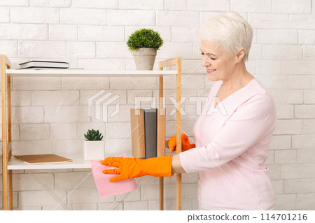 Attractive elderly woman is standing in a room, leaning forward to clean a shelf with a yellow sponge. She is focused on removing dust and grime from the surface. Attractive elderly woman is standing in a room, leaning forward to clean a shelf with a yellow sponge. She is focused on removing dust and grime from the surface. 114701216