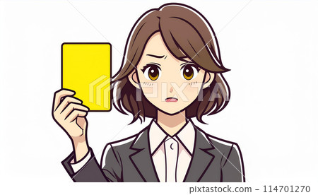 Businesswoman raising a yellow card 114701270
