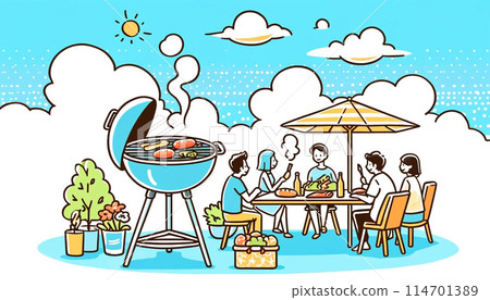 一家人陽台燒烤的插畫 114701389