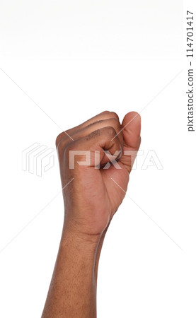 Male black fist isolated on white background. African american clenched hand, gesturing up. Counting, aggression, brave, masculinity concept 114701417