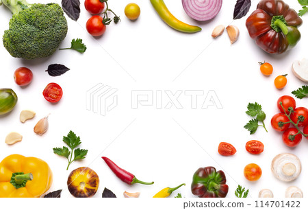 Organic fresh vegetables frame on white background, top view, copy space Organic fresh vegetables frame on white background, top view, copy space 114701422