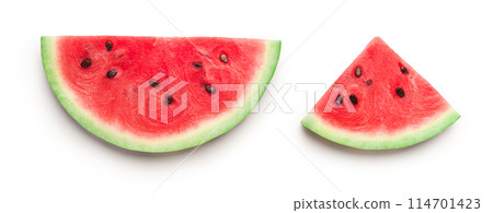 Semicircle and triangle shaped ripe watermelon slices isolated on white background, panorama Semicircle and triangle shaped ripe watermelon slices isolated on white background, panorama 114701423