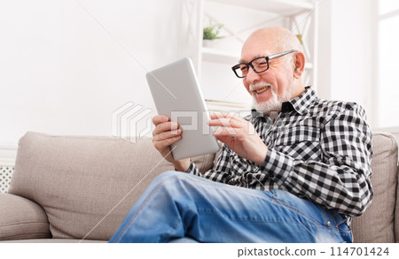 Smiling senior man reading news on digital tablet. Cheerful excited mature male using portable computer at home, copy space 114701424