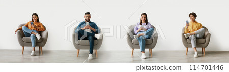 Online Communication. Smiling Multiethnic People Using Smartphones While Relaxing In Armchair At Home, Diverse Men And Women Browsing Internet On Mobile Phones, Enjoying Modern Technology, Collage Online Communication. Smiling Multiethnic People Using Smartphones While Relaxing In Armchair At Home, Diverse Men And Women Browsing Internet On Mobile Phones, Enjoying Modern Technology, Collage 114701446
