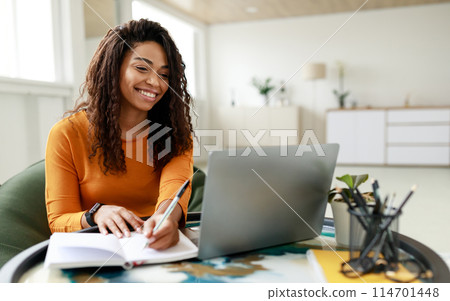 Smiling young African American woman sitting at desk working on laptop taking notes in notebook, happy millennial female studying online, watching webinar using computer and writing check list 114701448
