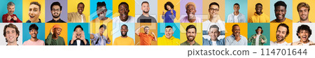 This vibrant display presents a multiracial, multiethnic cast of men smiling joyfully, creating an appealing international, collage of human emotion 114701644