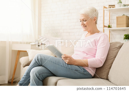 Have some paperwork. Senior woman working with documents and digital tablet at home, free space Have some paperwork. Senior woman working with documents and digital tablet at home, free space 114701645
