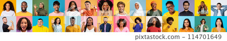 This panoramic image captures a wide array of facial expressions, highlighting diversity against colorful backdrops 114701649