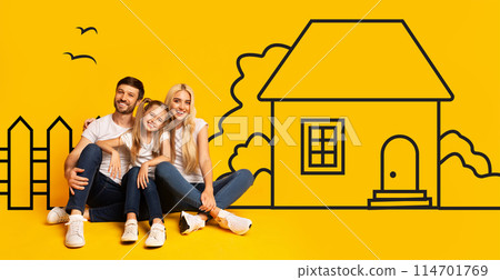 Dreaming european family father mother and child sitting on floor over drawn on yellow wall house. Mortgage, real estate concept 114701769