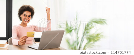 African American woman raising her fist in triumph with a credit card and laptop, perfect for shopping or finance web-banner with copy space African American woman raising her fist in triumph with a credit card and laptop, perfect for shopping or finance web-banner with copy space 114701774
