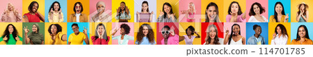 Vibrant portraits of individuals multiracial women from diverse backgrounds showing a range of emotions Vibrant portraits of individuals multiracial women from diverse backgrounds showing a range of emotions 114701785