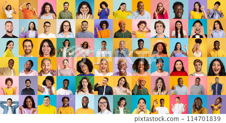 A rich tapestry of smiles and cheerful expressions from men and women of different backgrounds against dynamic backdrops 114701839