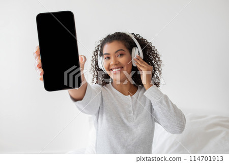 A woman wearing headphones is holding up a cell phone, possibly taking a selfie or talking on a video call. She looks engaged with the device, focusing on the screen. A woman wearing headphones is holding up a cell phone, possibly taking a selfie or talking on a video call. She looks engaged with the device, focusing on the screen. 114701913