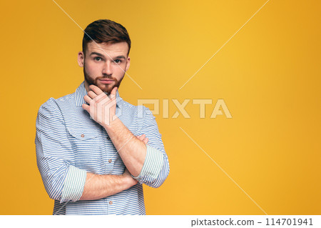 A man is standing and posing for a picture with his hands placed on his chin in a thoughtful gesture. 114701941