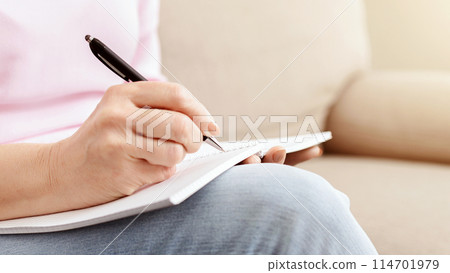 Writing wish list. Senior woman noting thoughts in copybook, panorama, empty space 114701979