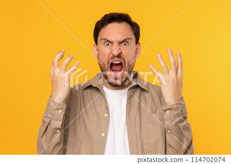 A man with dark hair is passionately expressing his frustration, his hands raised in the air, his mouth wide open in a shout, with a vivid yellow backdrop emphasizing his strong emotion. 114702074