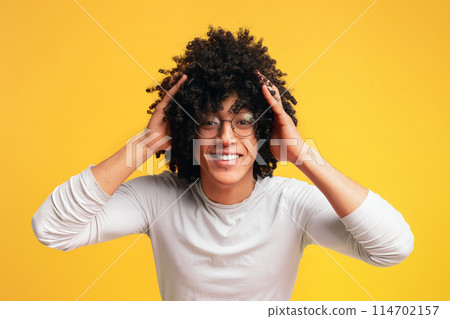 Gosh you gotta be kidding me. Portrait of surprised handsome young curly-haired black guy in glasses clutching his head, orange background Gosh you gotta be kidding me. Portrait of surprised handsome young curly-haired black guy in glasses clutching his head, orange background 114702157