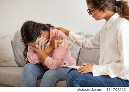 Young lady psychotherapist comforting crying woman client. Anxious lady have therapy session with counselor at modern clinic Young lady psychotherapist comforting crying woman client. Anxious lady have therapy session with counselor at modern clinic 114702212
