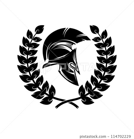 Spartan helmet with laurel wreath. Design element for logo, emblem, sign, poster, t shirt. Vector illustration 114702229